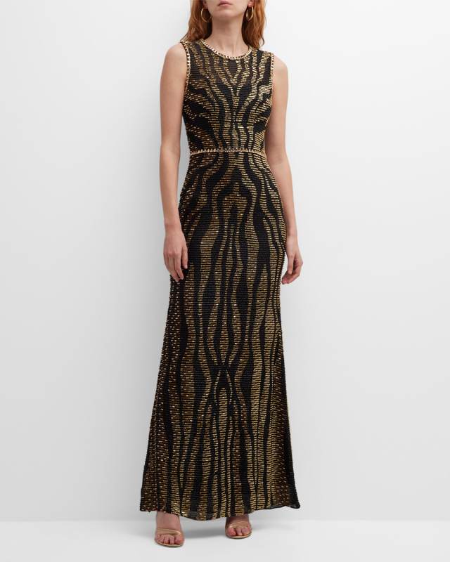 Zebra Beaded Sleeveless Column Gown